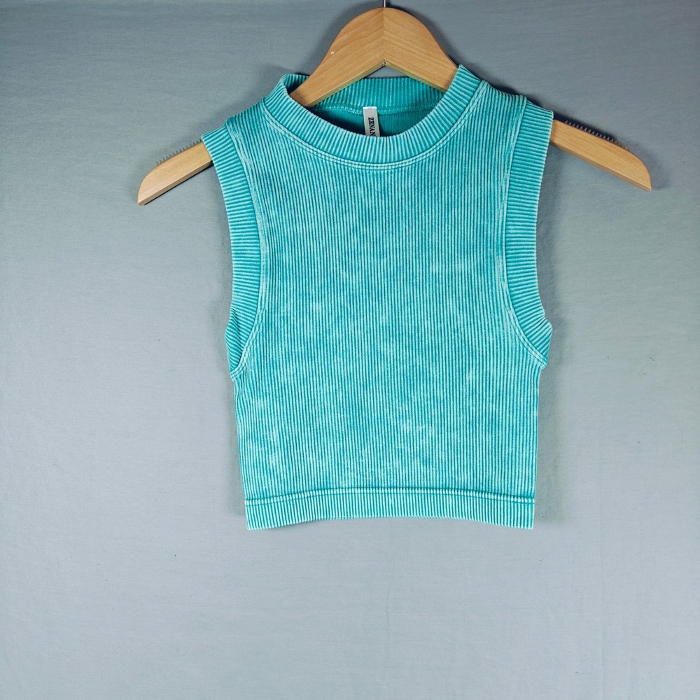 Zenana‎ Stone Washed Ribbed Seamless Crop Tank Top Turquoise S/M